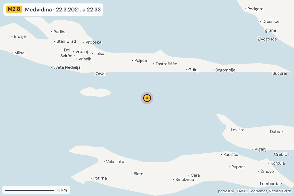 Karta: okolica epicentra, 60 km, potres M2,8, Medvidina, 22.3.2021.