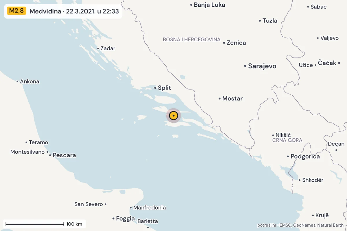 Karta: šire područje, 600 km, potres M2,8, Medvidina, 22.3.2021.