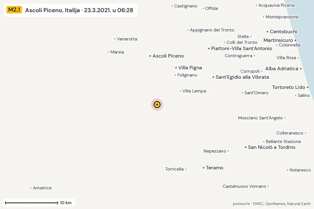 Karta: okolica epicentra, 60 km, potres M2,1, Ascoli Piceno, Italija, 23.3.2021.