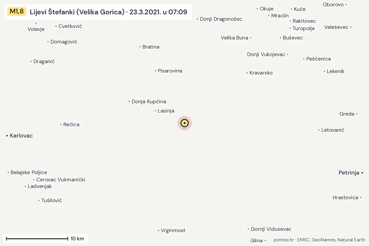 Karta: okolica epicentra, 60 km, potres M1,8, Lijevi Štefanki (Velika Gorica), 23.3.2021.