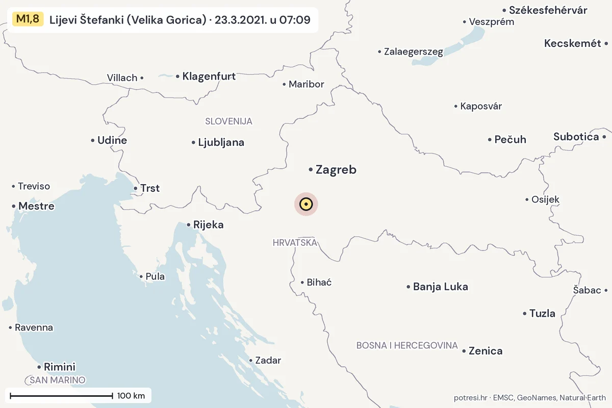 Karta: šire područje, 600 km, potres M1,8, Lijevi Štefanki (Velika Gorica), 23.3.2021.