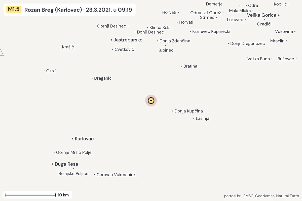 Karta: okolica epicentra, 60 km, potres M1,5, Rozan Breg (Karlovac), 23.3.2021.