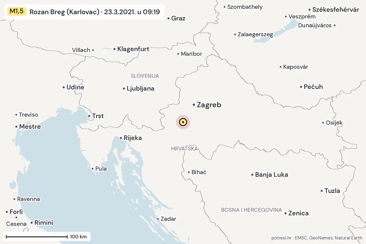 Karta: šire područje, 600 km, potres M1,5, Rozan Breg (Karlovac), 23.3.2021.