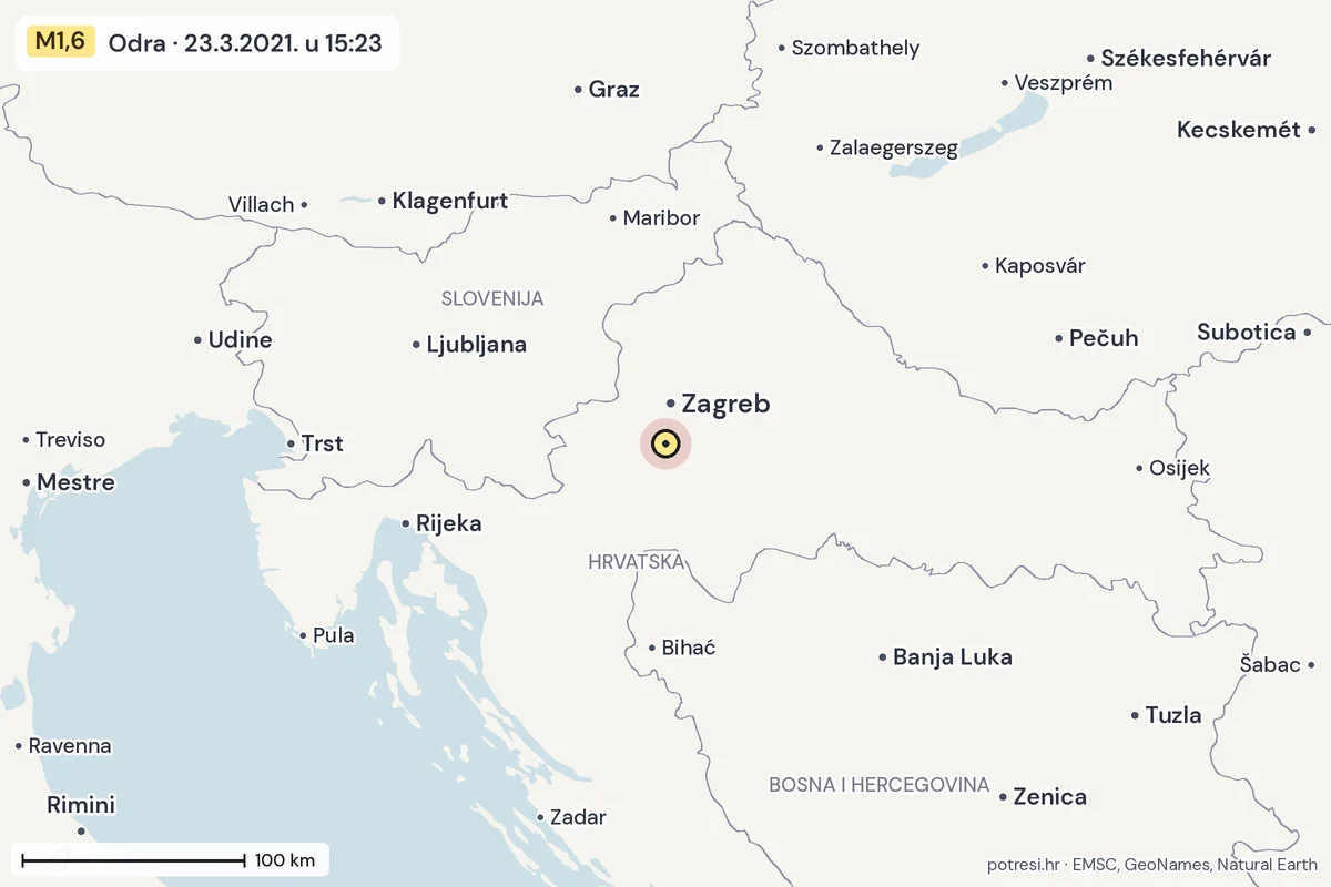 Karta: šire područje, 600 km, potres M1,6, Odra, 23.3.2021.