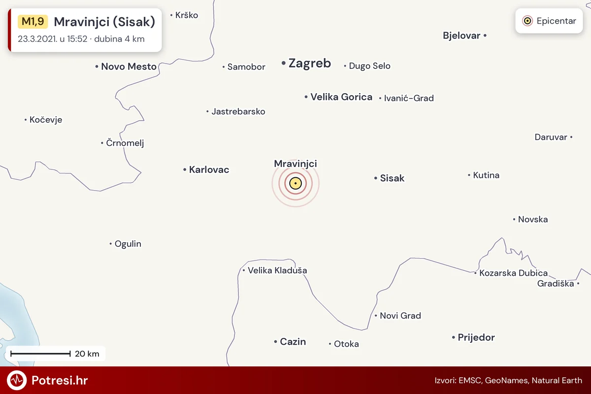 Karta: šire područje i vjerojatni doseg osjeta, potres M1,9, Mravinjci (Sisak), 23.3.2021.