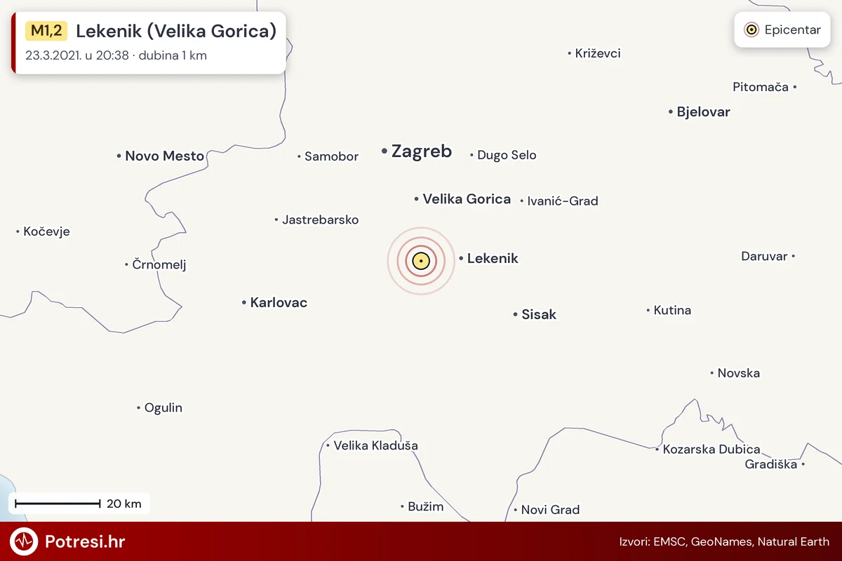 Karta: šire područje i vjerojatni doseg osjeta, potres M1,2, Lekenik (Velika Gorica), 23.3.2021.