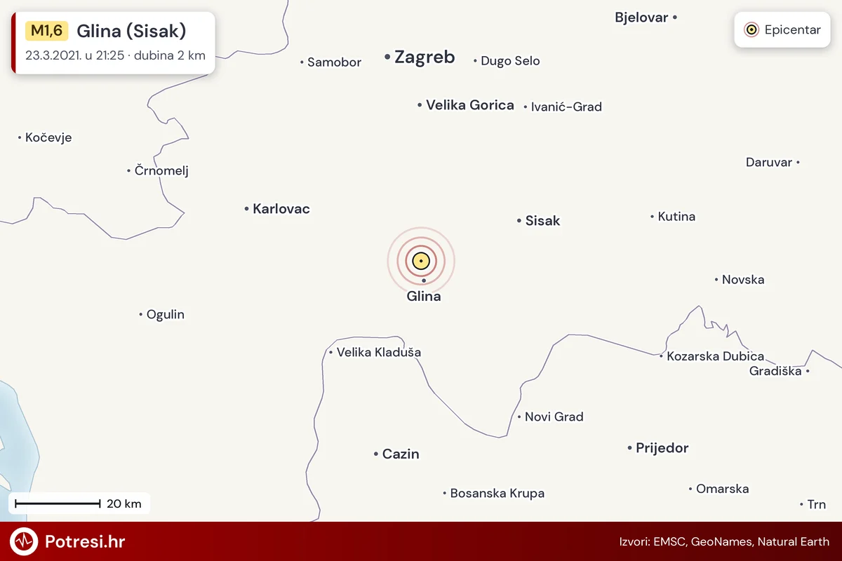 Karta: šire područje i vjerojatni doseg osjeta, potres M1,6, Glina (Sisak), 23.3.2021.