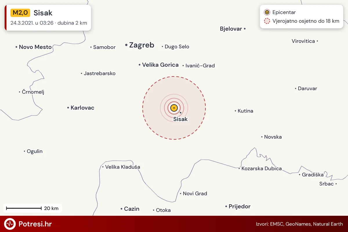 Karta: šire područje i vjerojatni doseg osjeta, potres M2,0, Sisak, 24.3.2021.