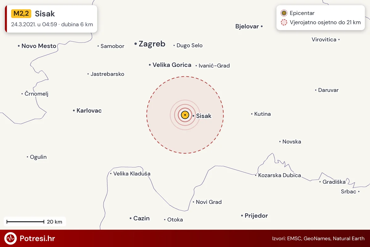 Karta: šire područje i vjerojatni doseg osjeta, potres M2,2, Sisak, 24.3.2021.
