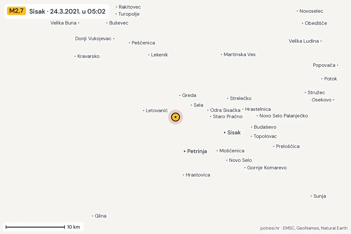 Karta: okolica epicentra, 60 km, potres M2,7, Sisak, 24.3.2021.