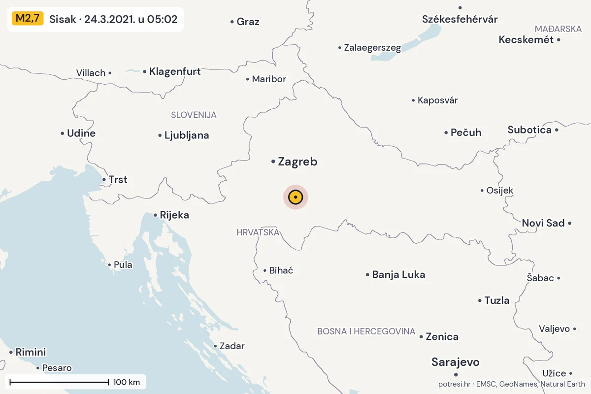 Karta: šire područje, 600 km, potres M2,7, Sisak, 24.3.2021.
