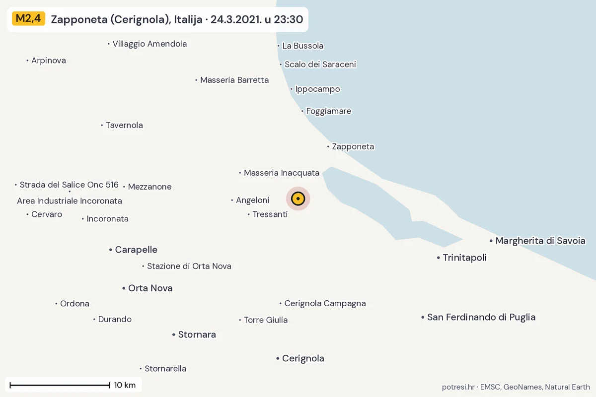 Karta: okolica epicentra, 60 km, potres M2,4, Zapponeta (Cerignola), Italija, 24.3.2021.