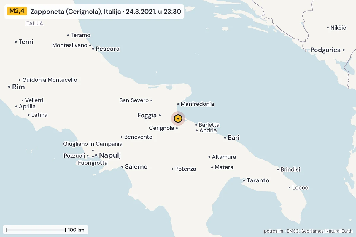 Karta: šire područje, 600 km, potres M2,4, Zapponeta (Cerignola), Italija, 24.3.2021.