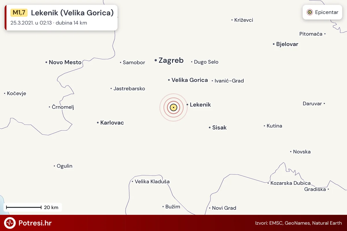 Karta: šire područje i vjerojatni doseg osjeta, potres M1,7, Lekenik (Velika Gorica), 25.3.2021.