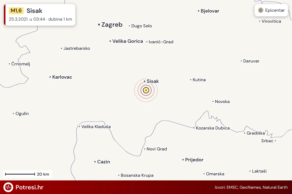 Karta: šire područje i vjerojatni doseg osjeta, potres M1,6, Sisak, 25.3.2021.