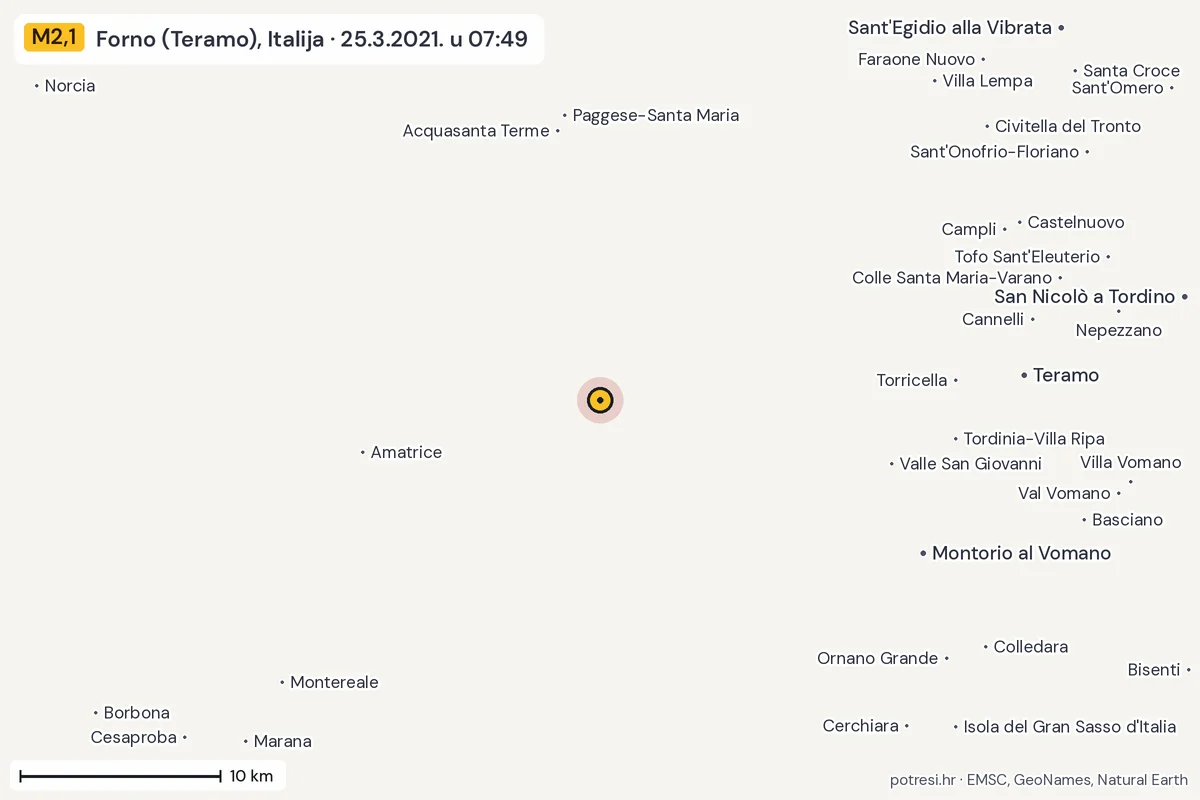Karta: okolica epicentra, 60 km, potres M2,1, Forno (Teramo), Italija, 25.3.2021.