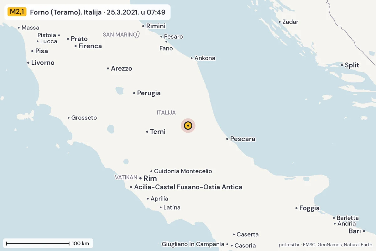 Karta: šire područje, 600 km, potres M2,1, Forno (Teramo), Italija, 25.3.2021.
