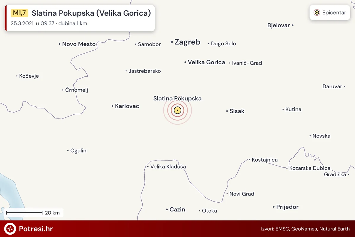 Karta: šire područje i vjerojatni doseg osjeta, potres M1,7, Slatina Pokupska (Velika Gorica), 25.3.2021.