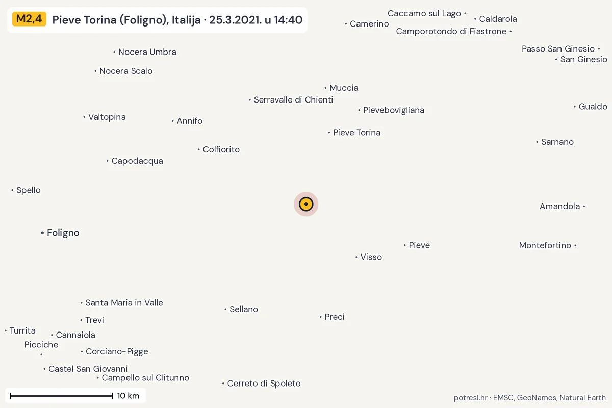 Karta: okolica epicentra, 60 km, potres M2,4, Pieve Torina (Foligno), Italija, 25.3.2021.
