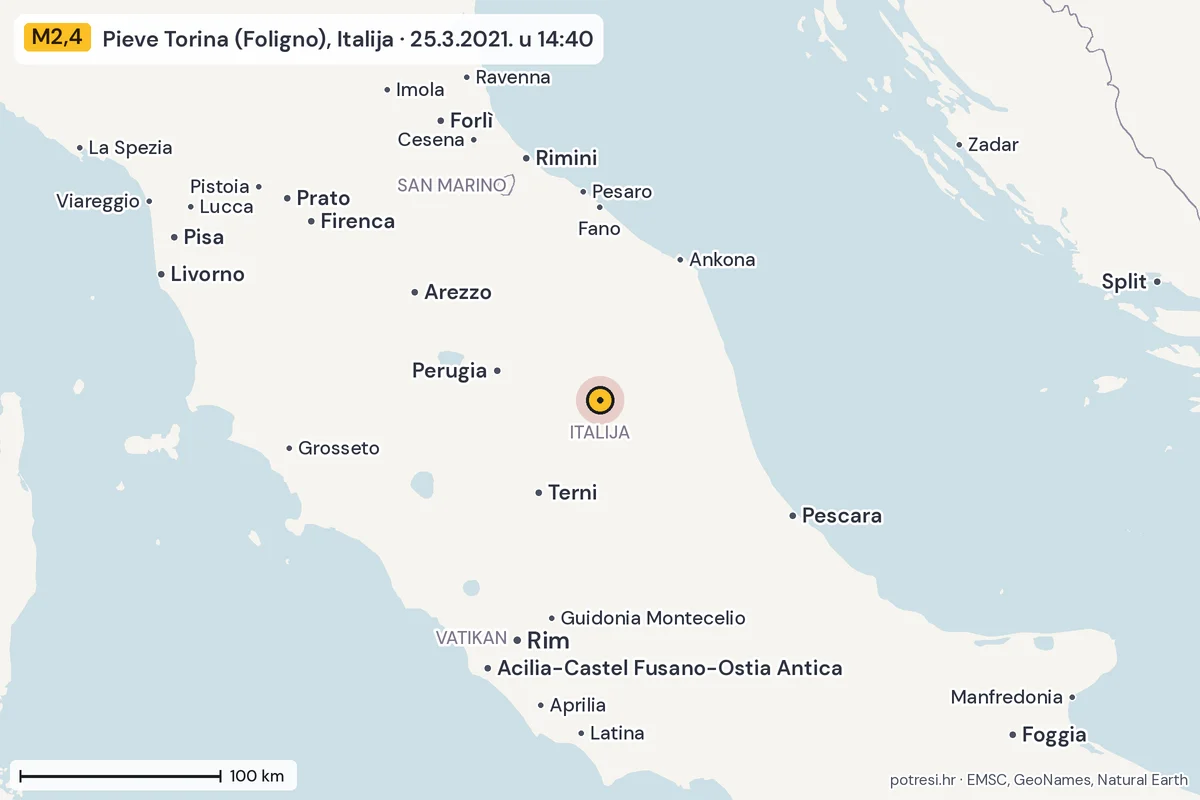 Karta: šire područje, 600 km, potres M2,4, Pieve Torina (Foligno), Italija, 25.3.2021.