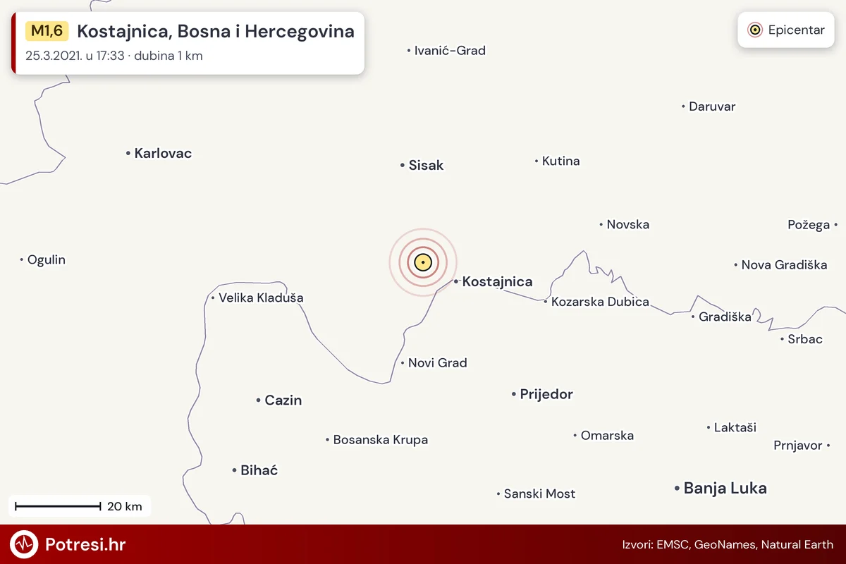 Karta: šire područje i vjerojatni doseg osjeta, potres M1,6, Kostajnica, Bosna i Hercegovina, 25.3.2021.