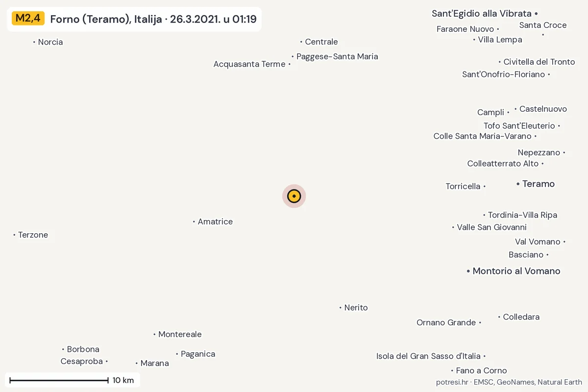 Karta: okolica epicentra, 60 km, potres M2,4, Forno (Teramo), Italija, 26.3.2021.