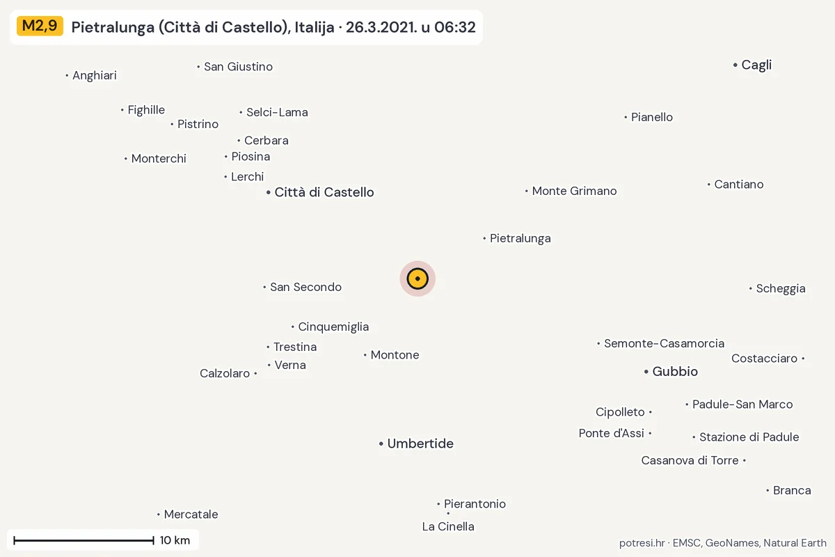 Karta: okolica epicentra, 60 km, potres M2,9, Pietralunga (Città di Castello), Italija, 26.3.2021.