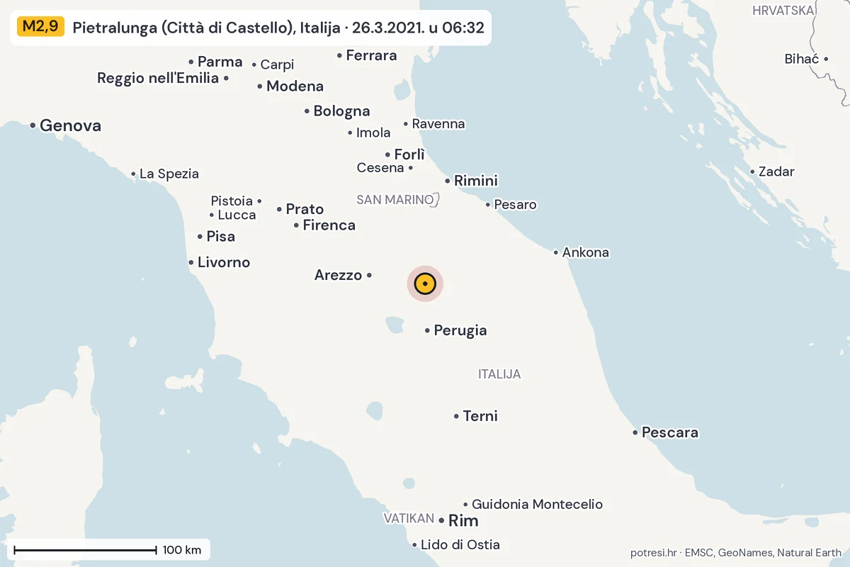 Karta: šire područje, 600 km, potres M2,9, Pietralunga (Città di Castello), Italija, 26.3.2021.