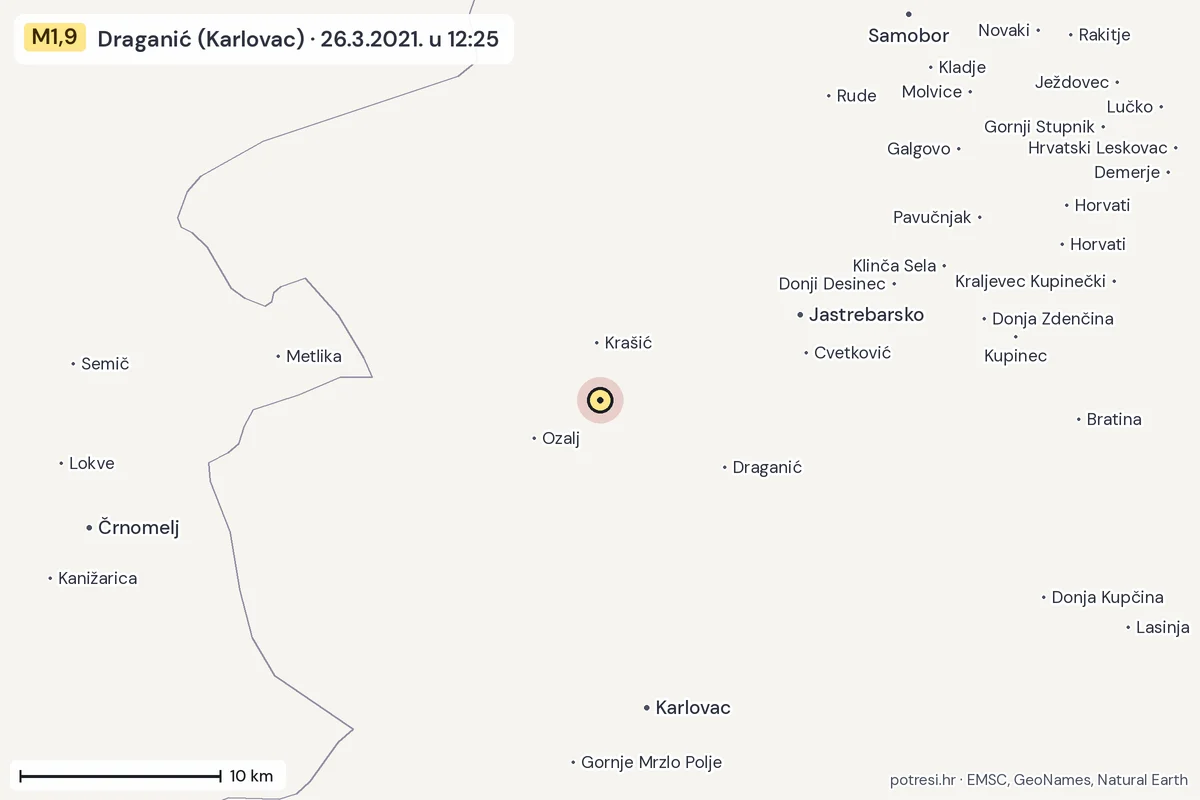 Karta: okolica epicentra, 60 km, potres M1,9, Draganić (Karlovac), 26.3.2021.