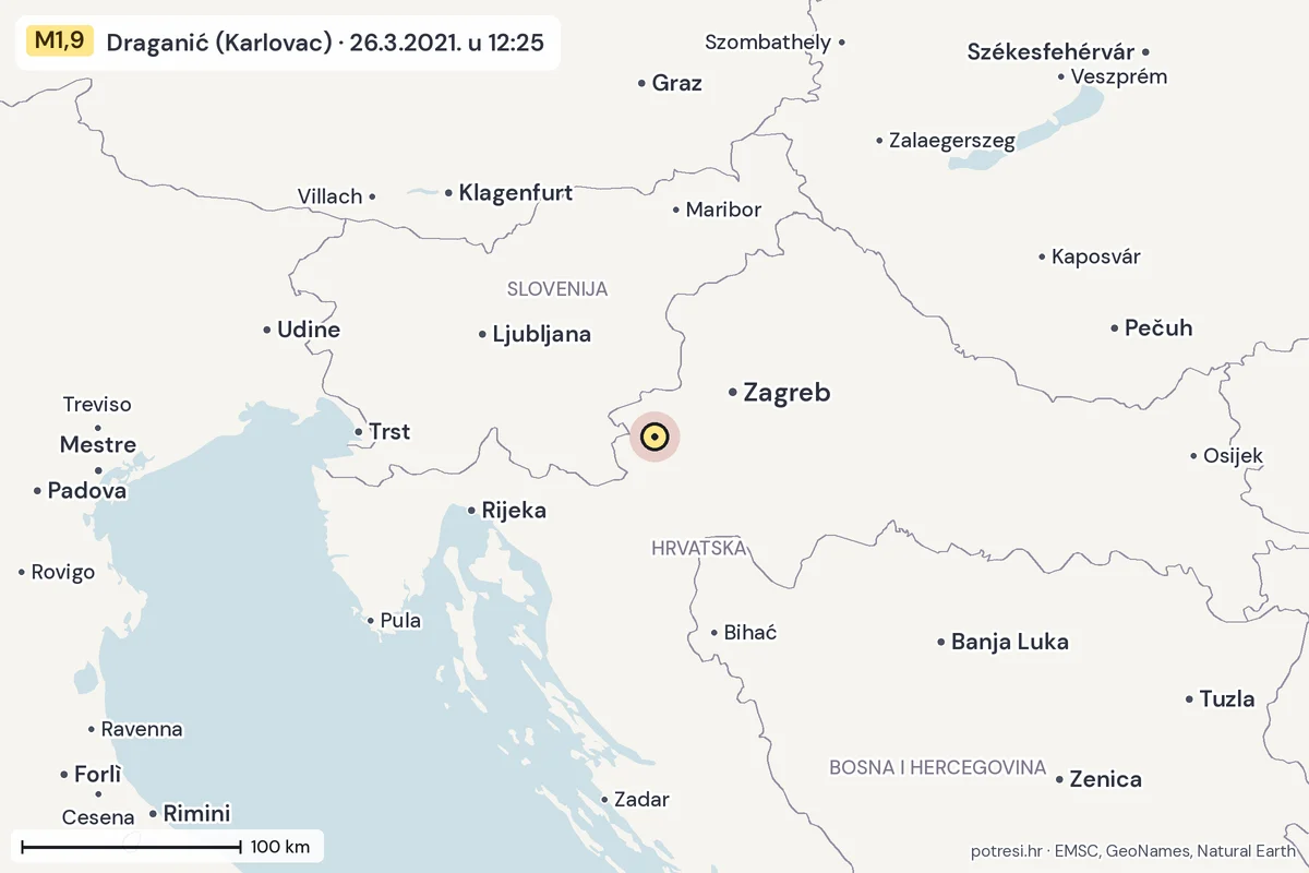 Karta: šire područje, 600 km, potres M1,9, Draganić (Karlovac), 26.3.2021.
