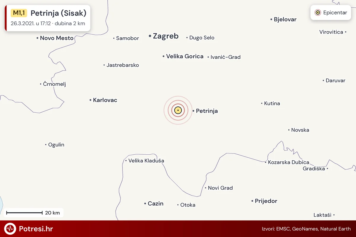 Karta: šire područje i vjerojatni doseg osjeta, potres M1,1, Petrinja (Sisak), 26.3.2021.