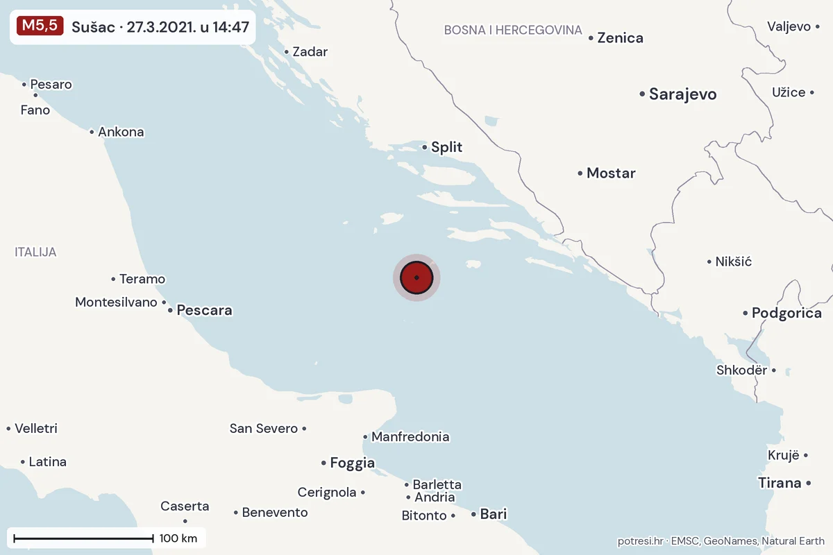 Karta: šire područje, 600 km, potres M5,5, Sušac, 27.3.2021.