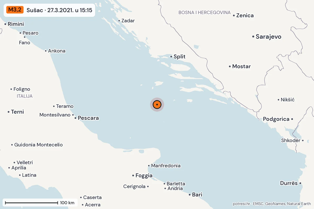 Karta: šire područje, 600 km, potres M3,2, Sušac, 27.3.2021.