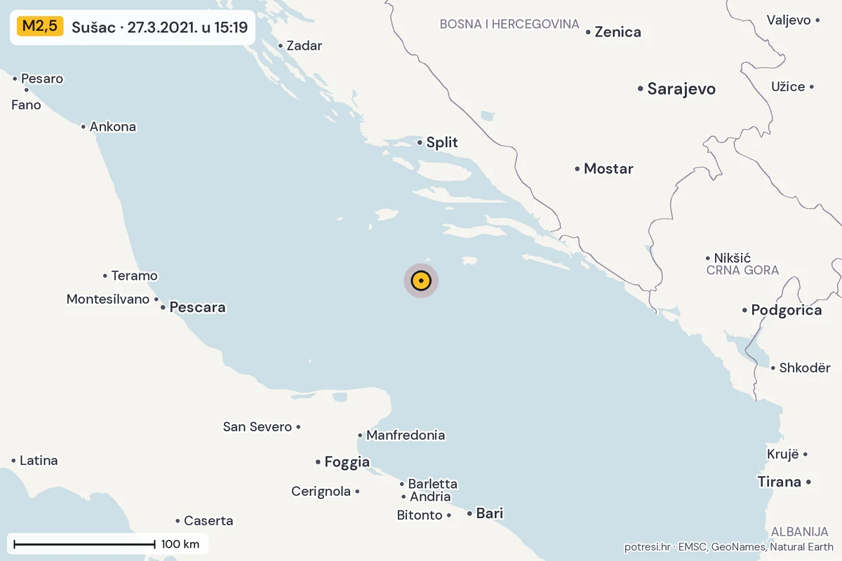 Karta: šire područje, 600 km, potres M2,5, Sušac, 27.3.2021.