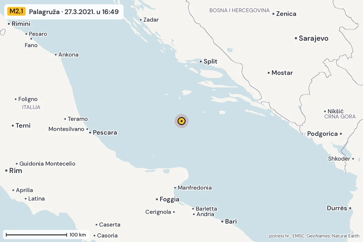 Karta: šire područje, 600 km, potres M2,1, Palagruža, 27.3.2021.