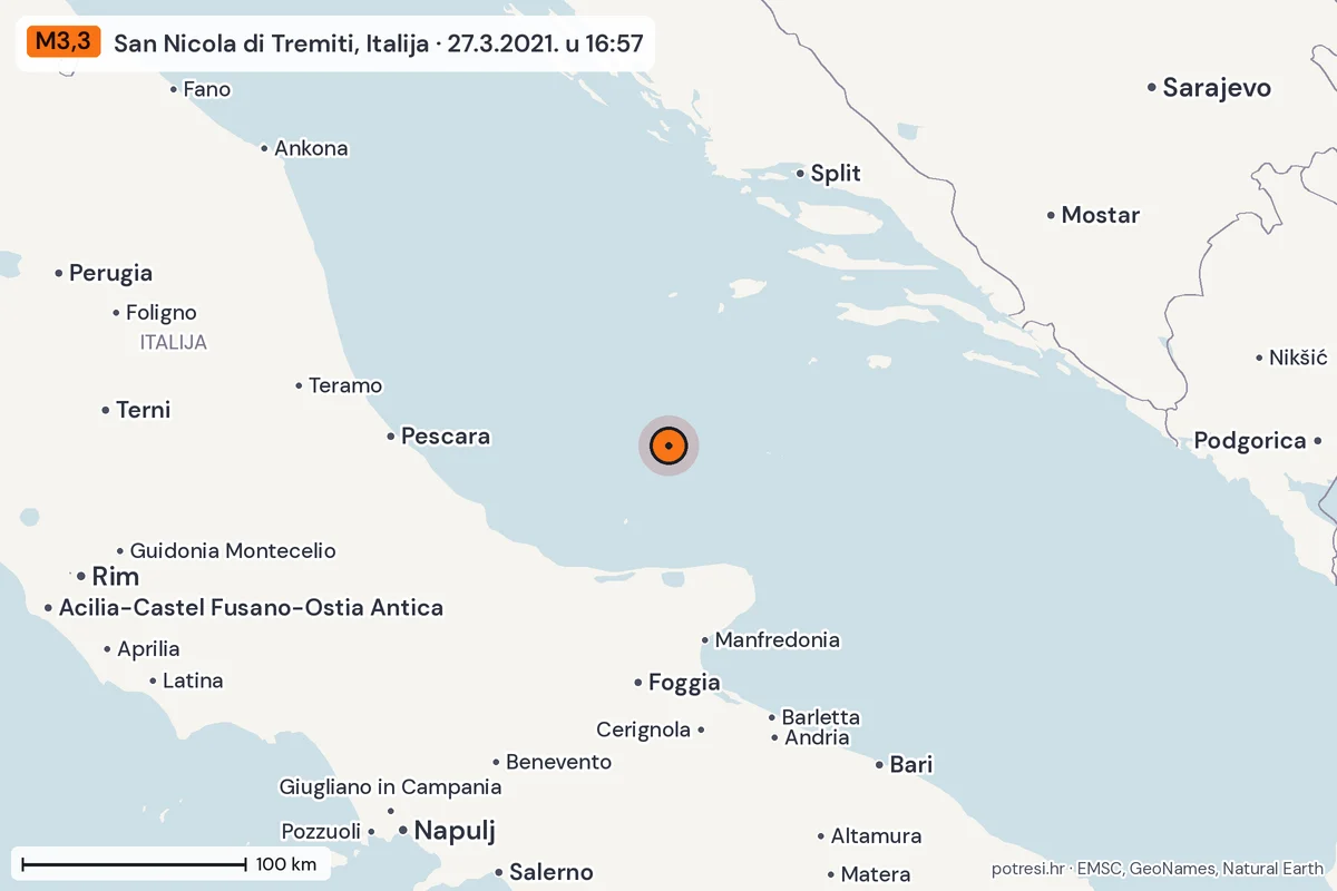 Karta: šire područje, 600 km, potres M3,3, San Nicola di Tremiti, Italija, 27.3.2021.