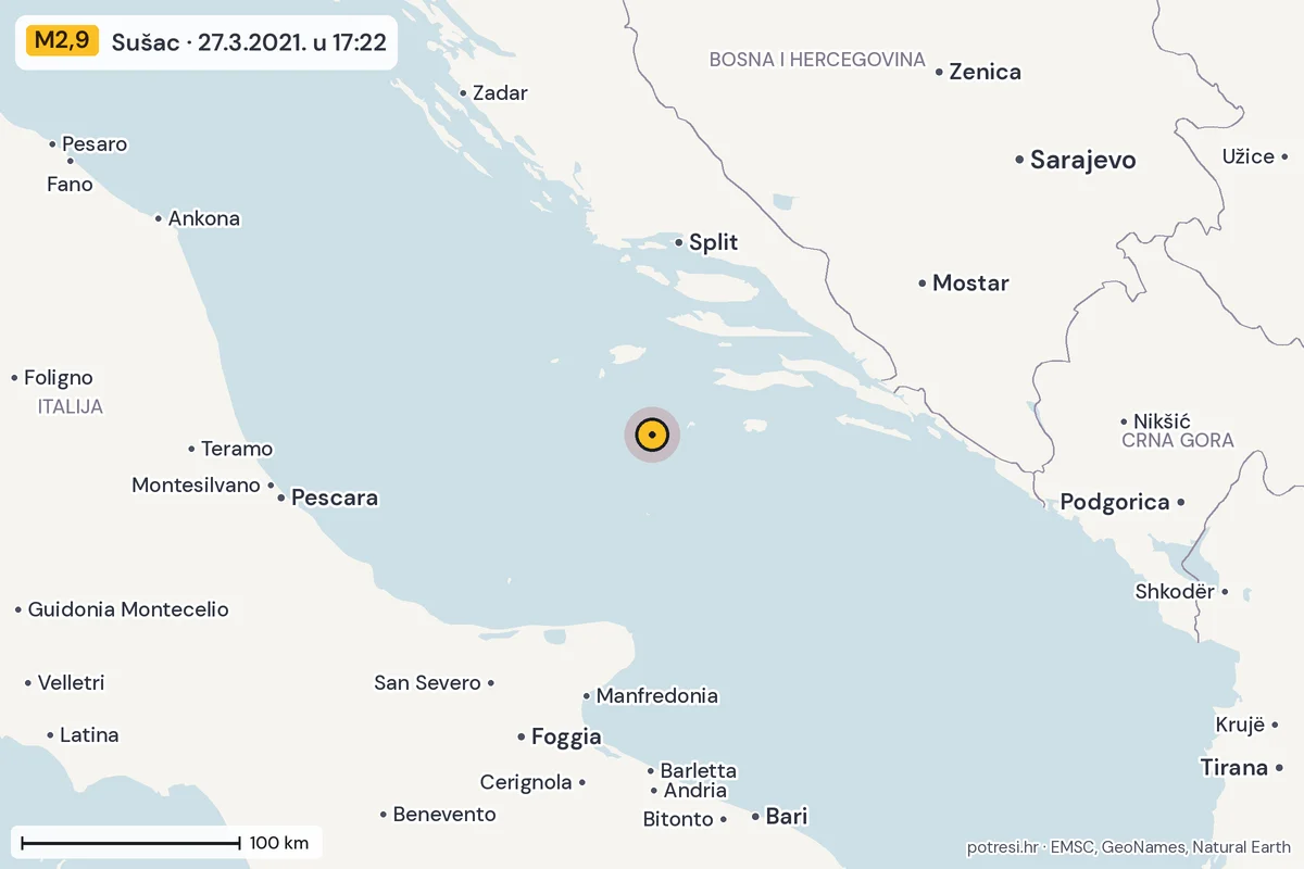 Karta: šire područje, 600 km, potres M2,9, Sušac, 27.3.2021.