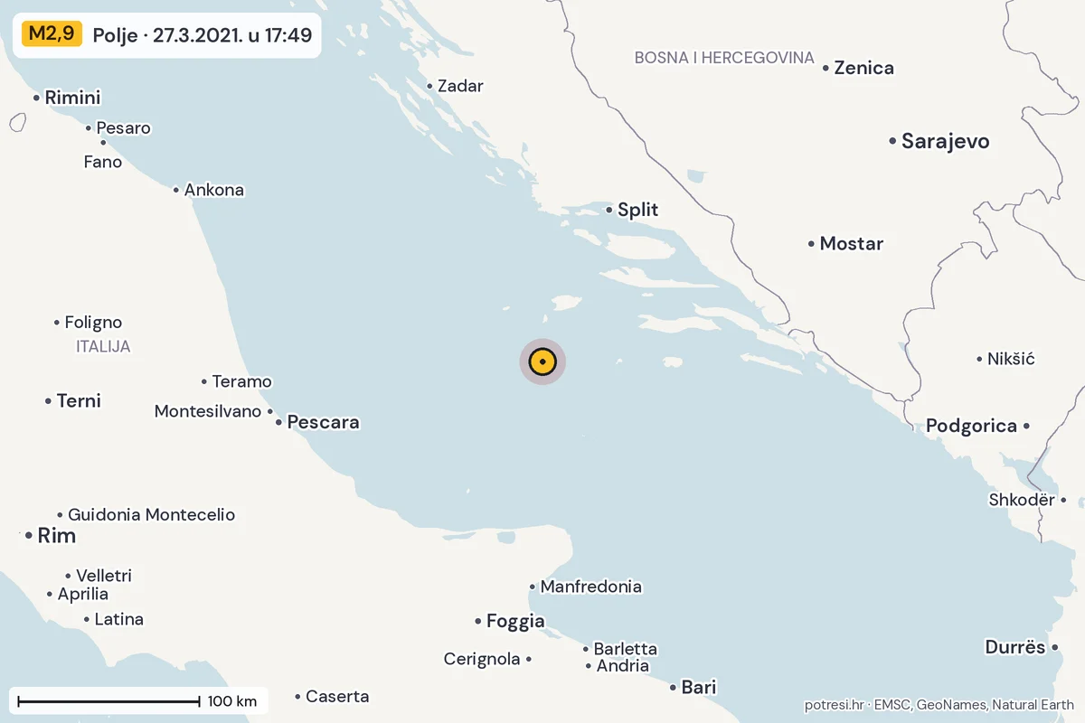 Karta: šire područje, 600 km, potres M2,9, Polje, 27.3.2021.