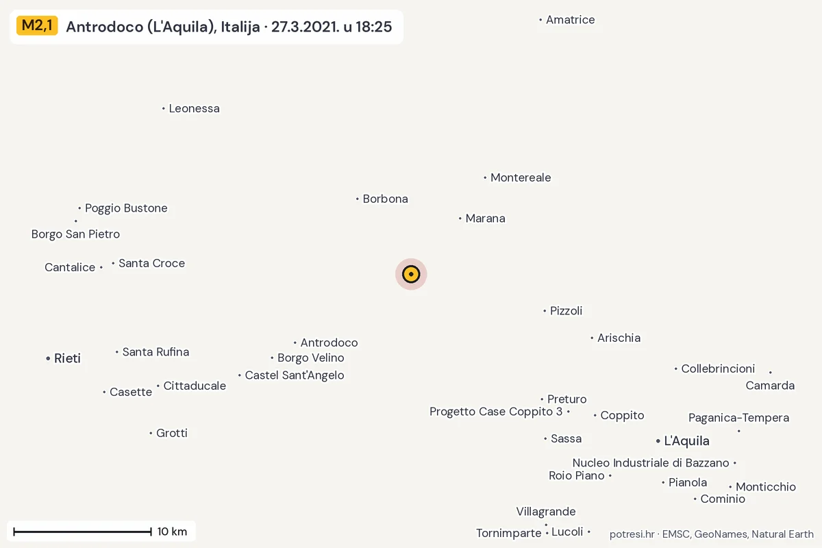 Karta: okolica epicentra, 60 km, potres M2,1, Antrodoco (L'Aquila), Italija, 27.3.2021.