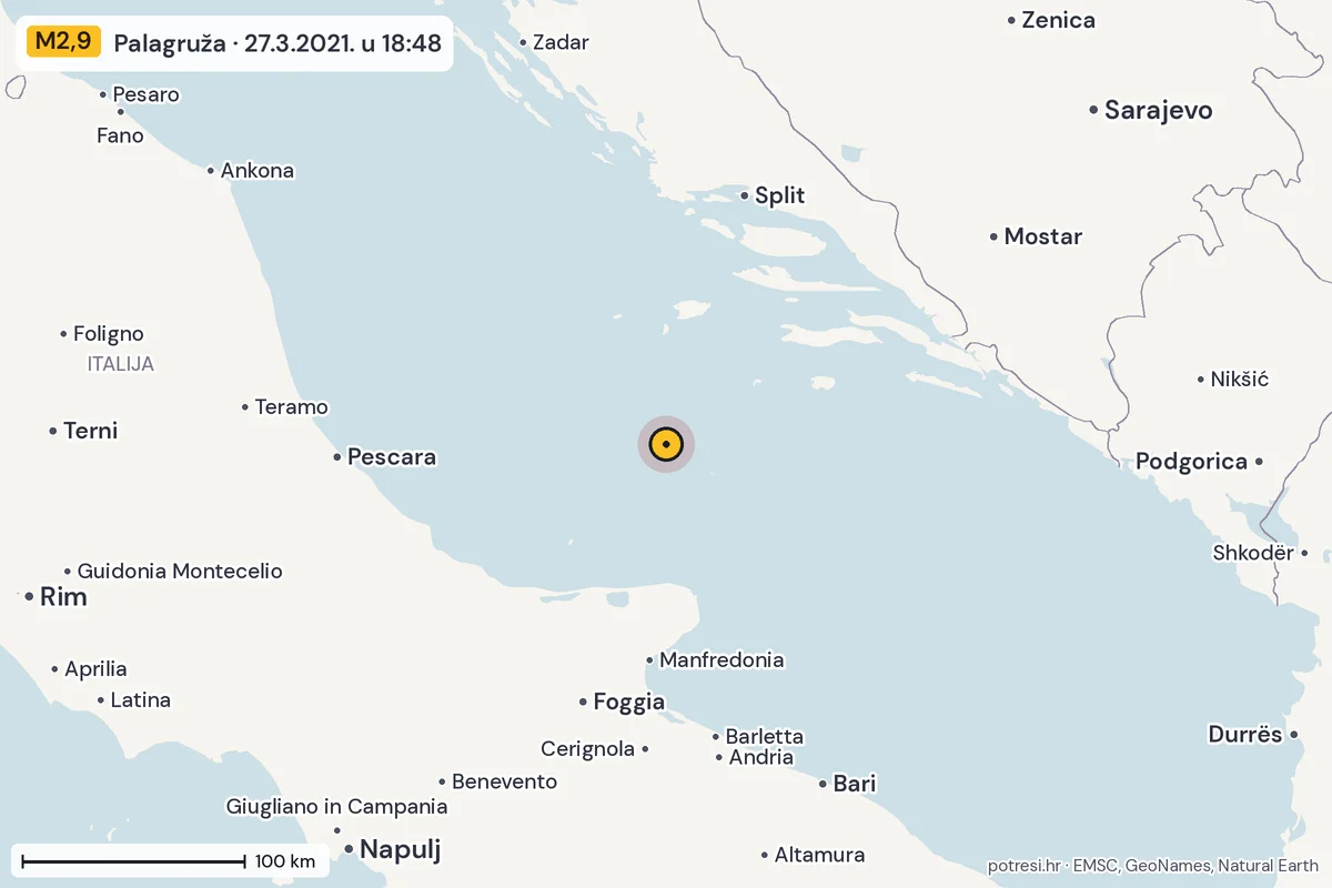 Karta: šire područje, 600 km, potres M2,9, Palagruža, 27.3.2021.