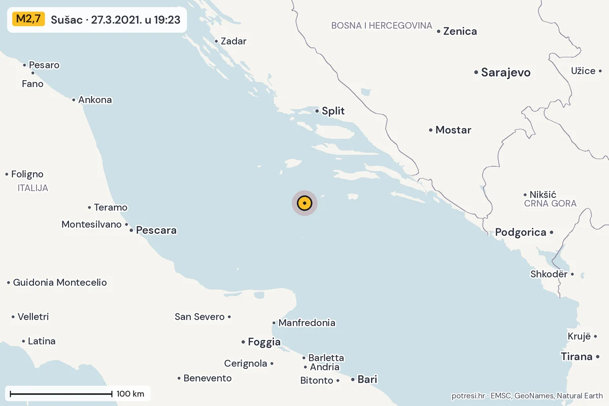 Karta: šire područje, 600 km, potres M2,7, Sušac, 27.3.2021.