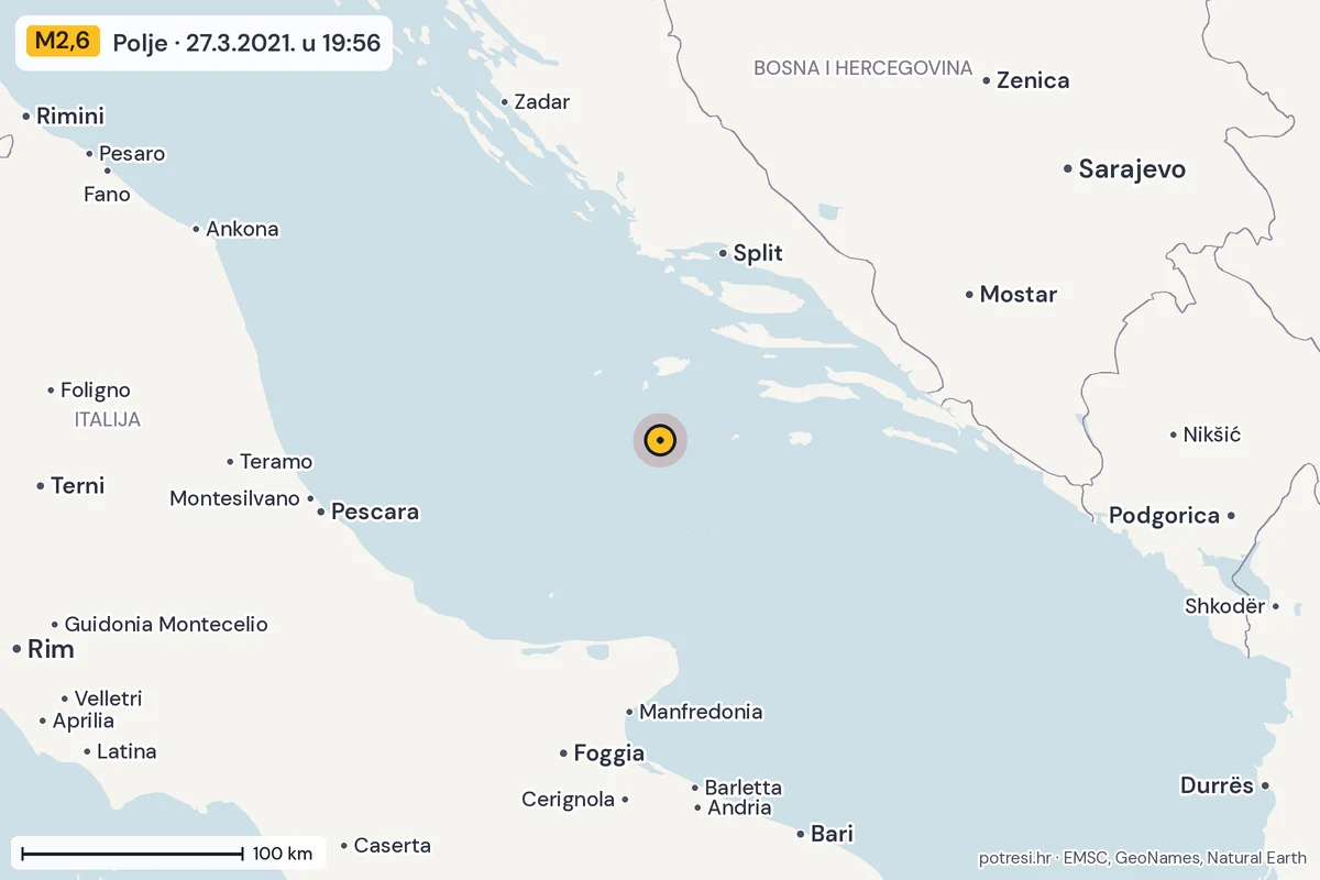 Karta: šire područje, 600 km, potres M2,6, Polje, 27.3.2021.