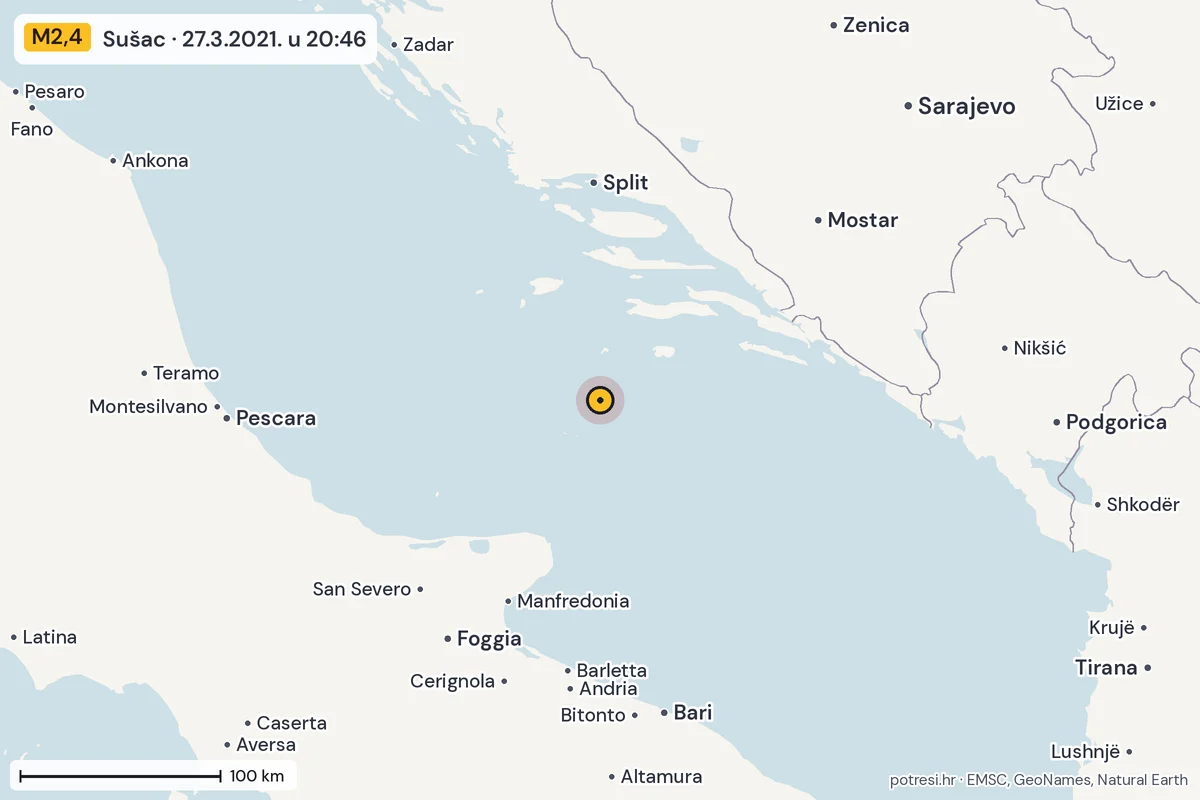 Karta: šire područje, 600 km, potres M2,4, Sušac, 27.3.2021.