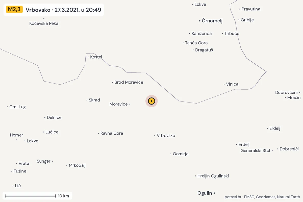 Karta: okolica epicentra, 60 km, potres M2,3, Vrbovsko, 27.3.2021.