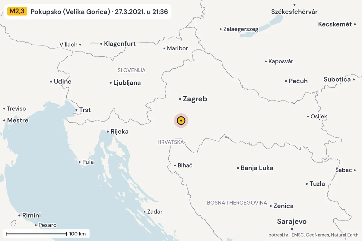 Karta: šire područje, 600 km, potres M2,3, Pokupsko (Velika Gorica), 27.3.2021.