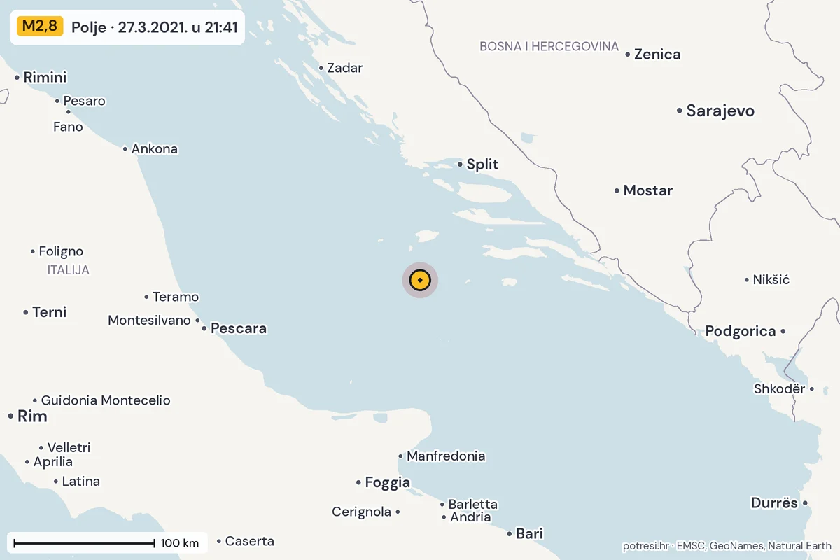 Karta: šire područje, 600 km, potres M2,8, Polje, 27.3.2021.