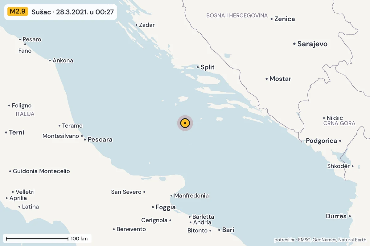Karta: šire područje, 600 km, potres M2,9, Sušac, 28.3.2021.