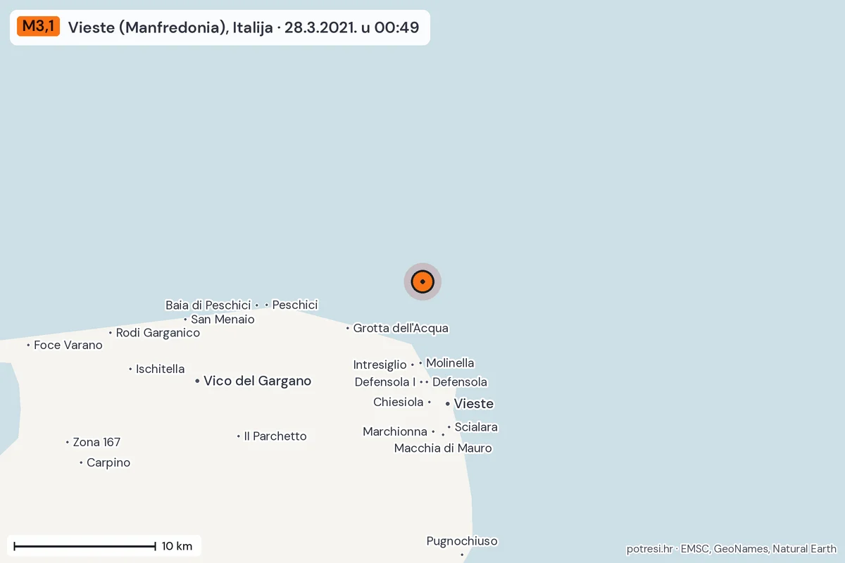 Karta: okolica epicentra, 60 km, potres M3,1, Vieste (Manfredonia), Italija, 28.3.2021.