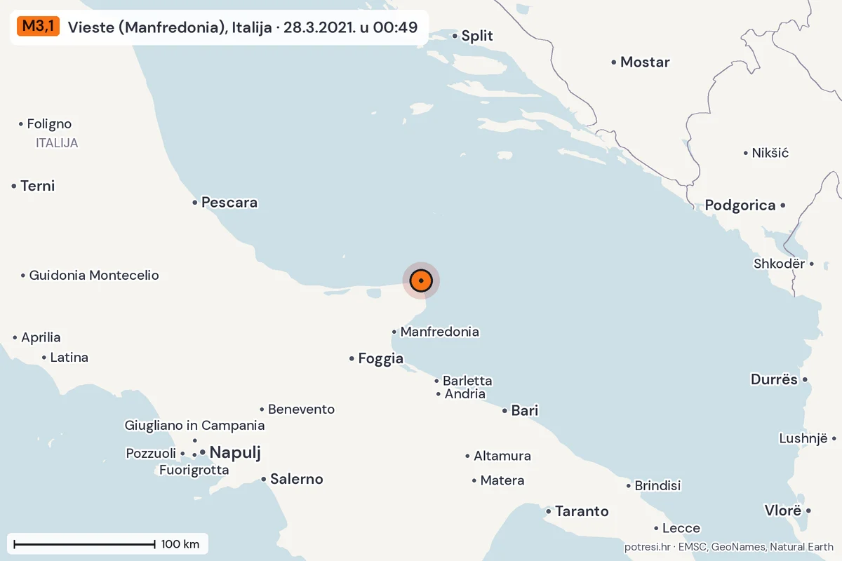 Karta: šire područje, 600 km, potres M3,1, Vieste (Manfredonia), Italija, 28.3.2021.