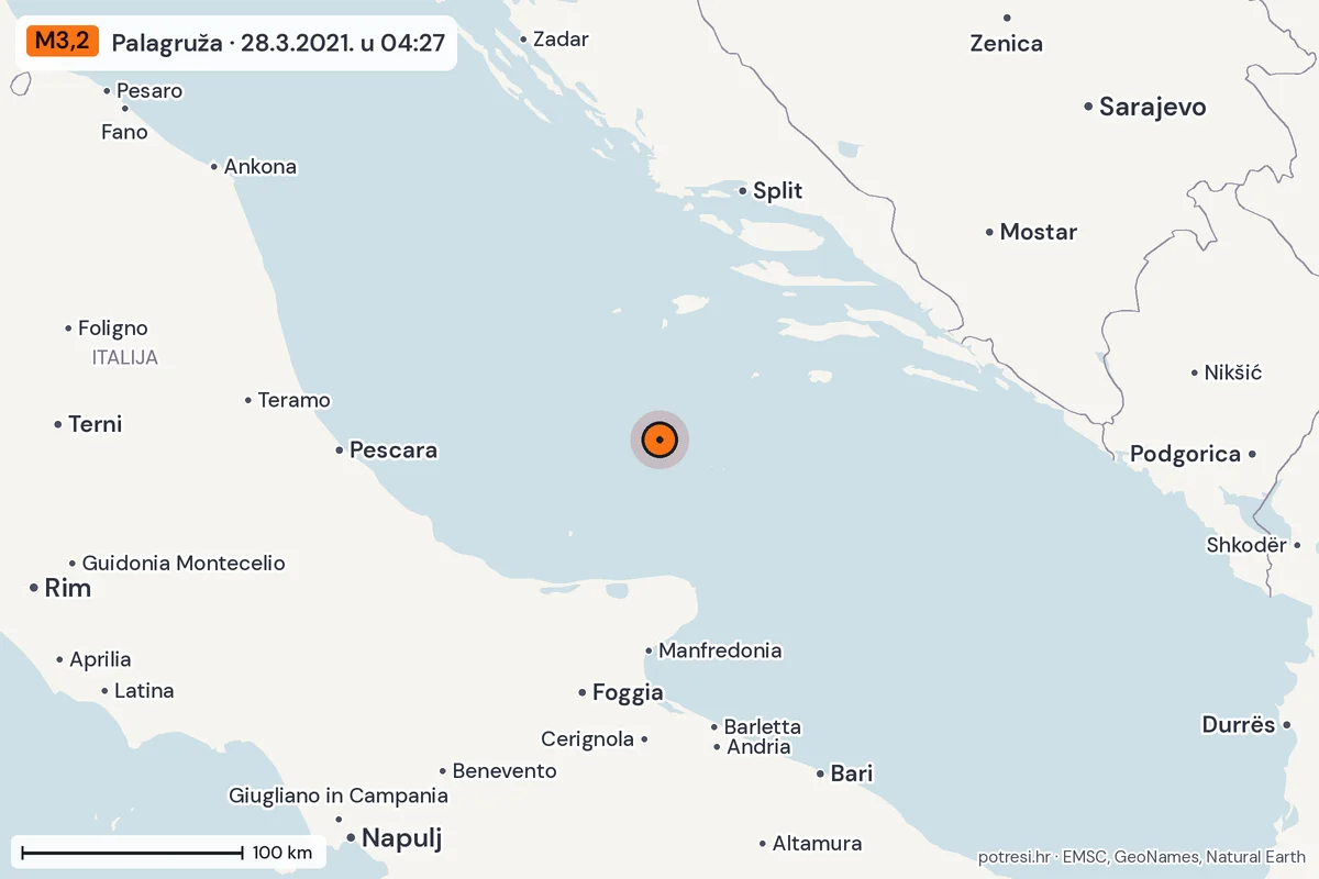 Karta: šire područje, 600 km, potres M3,2, Palagruža, 28.3.2021.